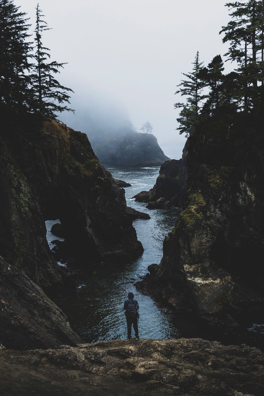 Solitary traveler admiring coastal mist